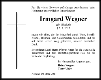 Traueranzeige von Irmgard Wegner von VRM Trauer