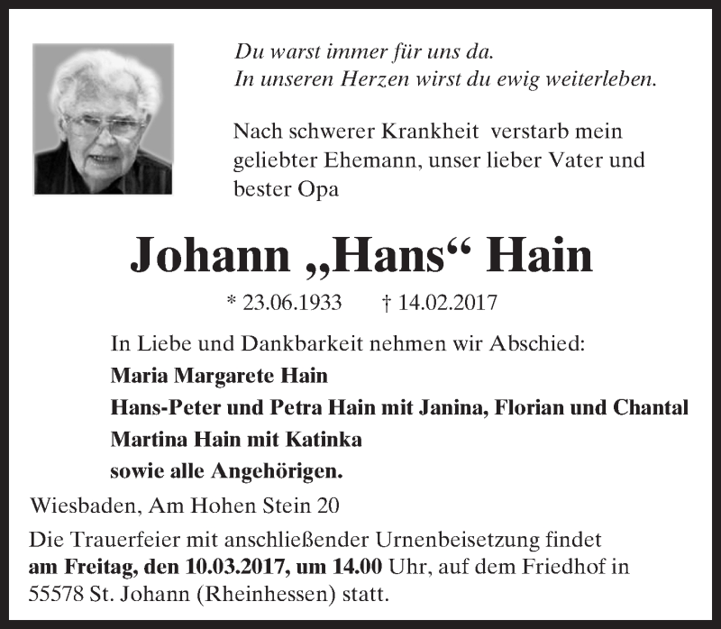  Traueranzeige für Johann Hain vom 04.03.2017 aus Trauerportal Rhein Main Presse