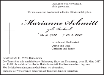 Traueranzeige von Marianne Schmitt von Trauerportal Rhein Main Presse