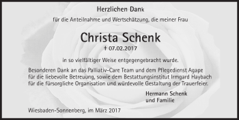 Traueranzeige von Christa Schenk von Trauerportal Rhein Main Presse