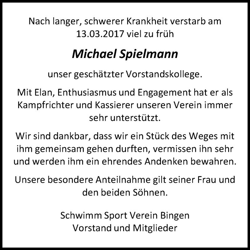  Traueranzeige für Michael Spielmann vom 22.03.2017 aus Trauerportal Rhein Main Presse