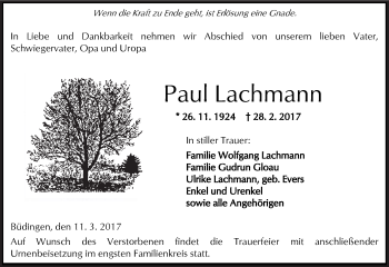 Traueranzeige von Paul Lachmann von  Kreisanzeiger