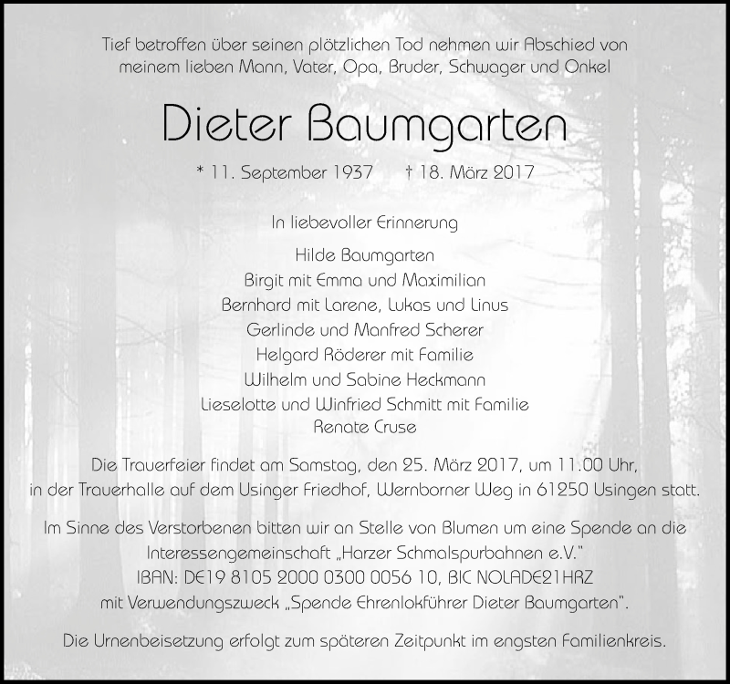  Traueranzeige für Dieter Boumgorten vom 22.03.2017 aus  Usinger Anzeiger