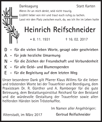 Traueranzeige von Heinrich Reifschneider von  Kreisanzeiger