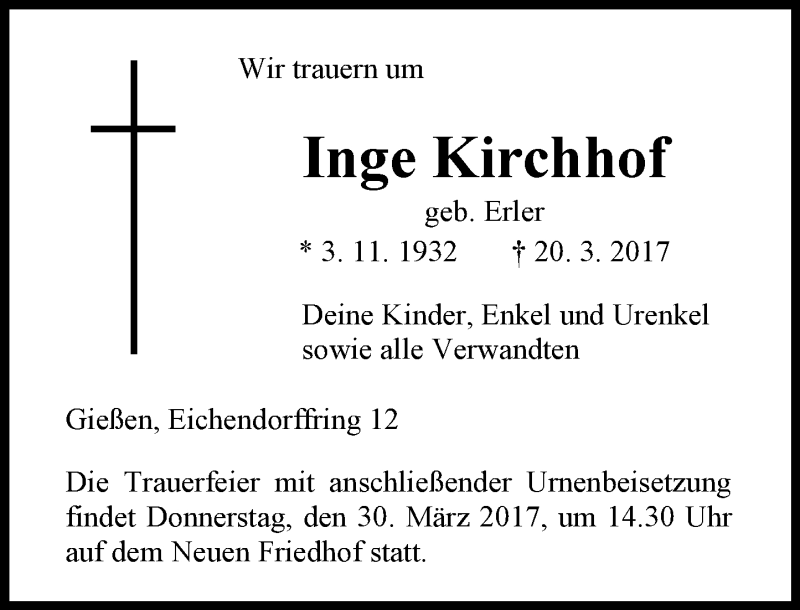  Traueranzeige für Inge Kirchhof vom 25.03.2017 aus  Gießener Anzeiger