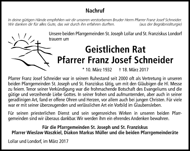  Traueranzeige für Franz Josef Schneider vom 27.03.2017 aus  Gießener Anzeiger
