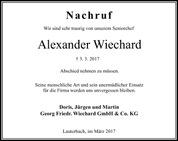 Traueranzeige von Alexander Wiechard von VRM Trauer