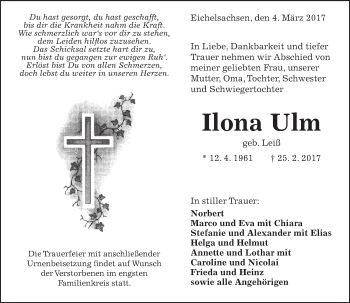 Traueranzeige von Ilona Ulm von  Kreisanzeiger
