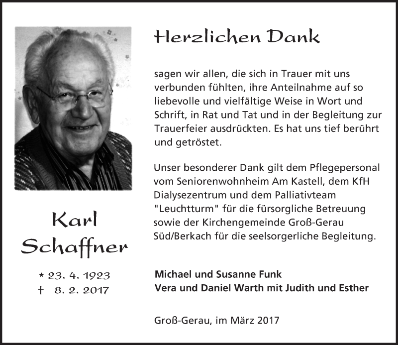  Traueranzeige für Karl Schaffner vom 04.03.2017 aus Trauerportal Echo Online