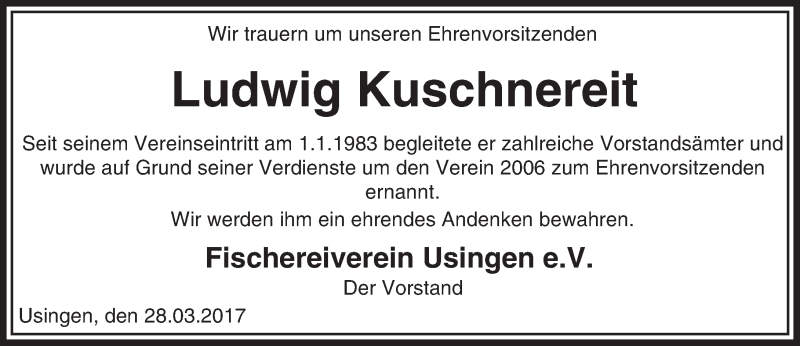  Traueranzeige für Ludwig Kuschnereit vom 29.03.2017 aus  Usinger Anzeiger