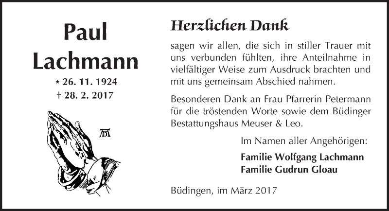  Traueranzeige für Paul Lachmann vom 25.03.2017 aus  Kreisanzeiger