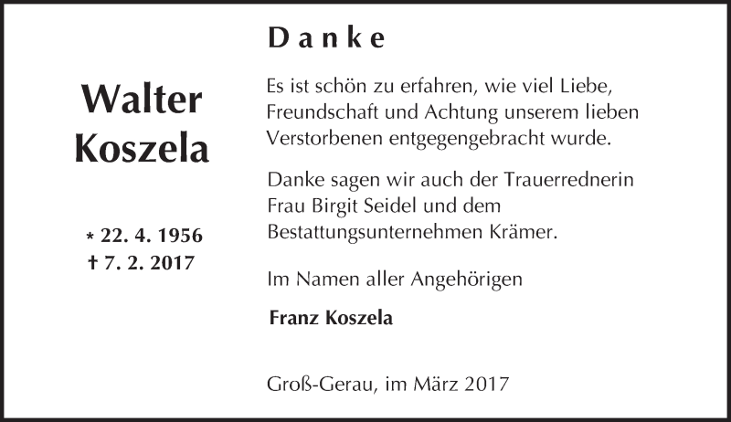  Traueranzeige für Walter Koszela vom 04.03.2017 aus Trauerportal Echo Online