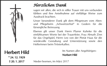 Traueranzeige von Herbert Hild von  Kreisanzeiger