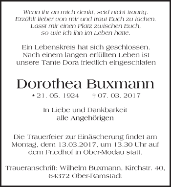 Traueranzeige von Dorothea Buxmann von Trauerportal Echo Online