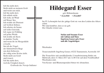 Traueranzeige von Hildegard Esser von Trauerportal Rhein Main Presse