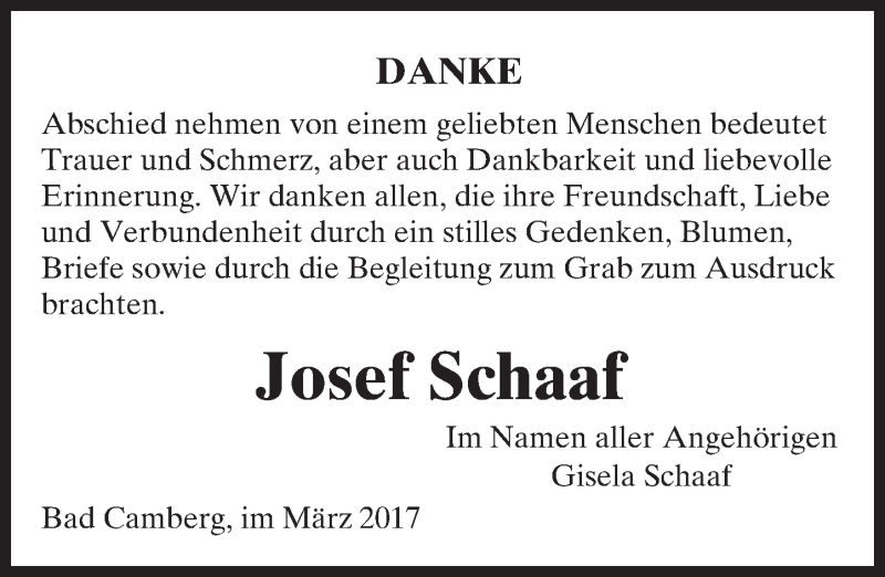  Traueranzeige für Josef Schaaf vom 02.03.2017 aus  Camberger Anzeiger