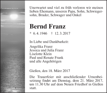 Traueranzeige von Bernd Franz von  Gießener Anzeiger