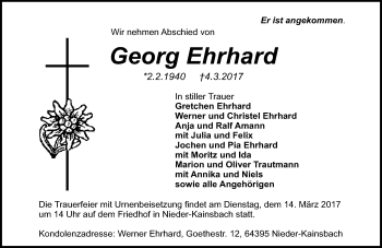 Traueranzeige von Georg Ehrhard von Trauerportal Echo Online