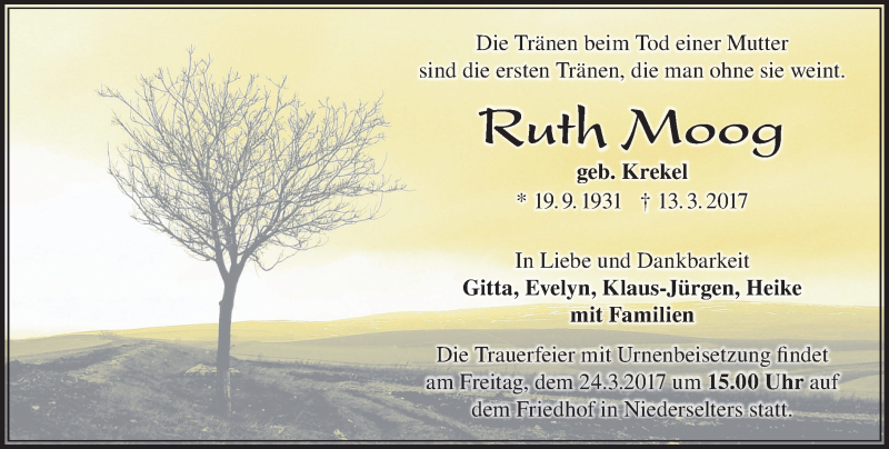  Traueranzeige für Ruth Moog vom 16.03.2017 aus  Camberger Anzeiger