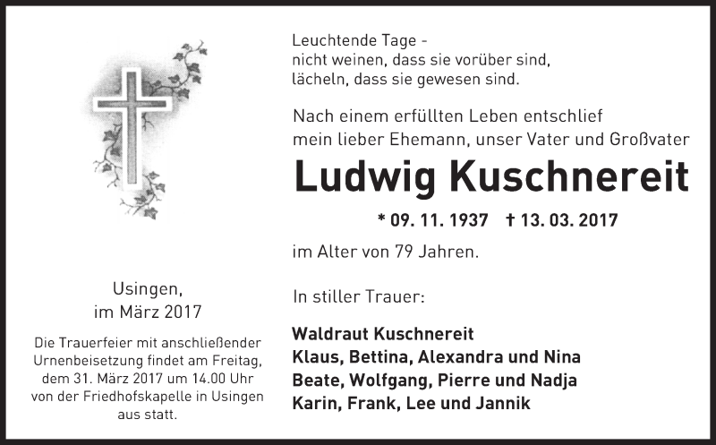  Traueranzeige für Ludwig Kuschnereit vom 28.03.2017 aus  Usinger Anzeiger