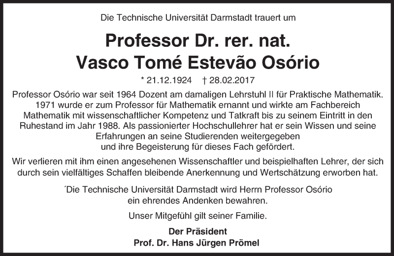  Traueranzeige für Vasco Tomé Estevão Osório vom 04.03.2017 aus Trauerportal Echo Online