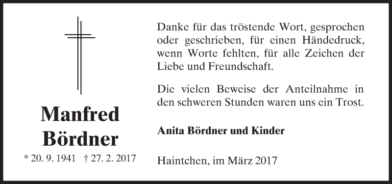  Traueranzeige für Manfred Bördner vom 30.03.2017 aus  Camberger Anzeiger