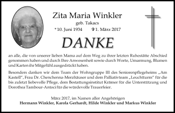 Traueranzeige von Zita Maria Winkler von Trauerportal Echo Online
