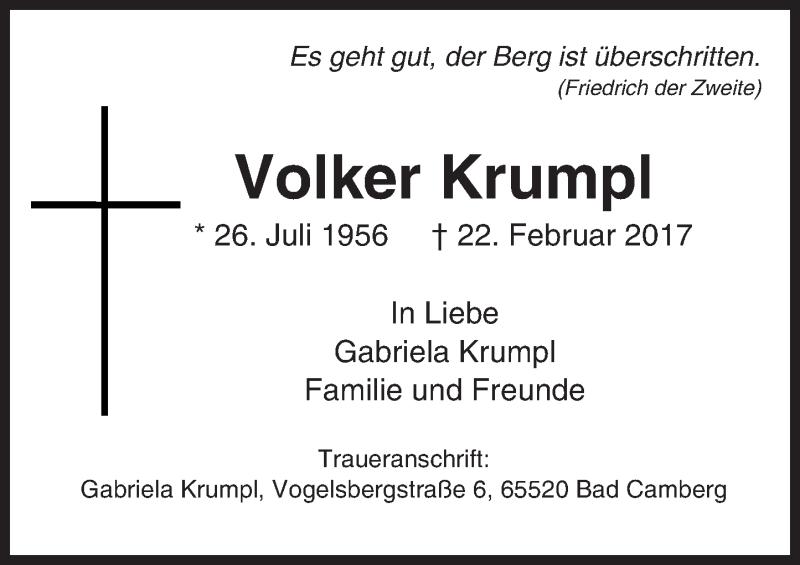  Traueranzeige für Volker Krumpl vom 02.03.2017 aus  Camberger Anzeiger