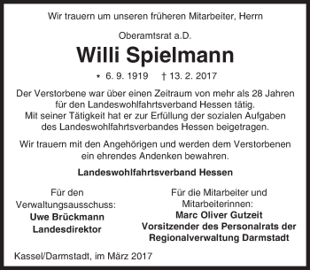 Traueranzeige von Willi Spielmann von Trauerportal Echo Online