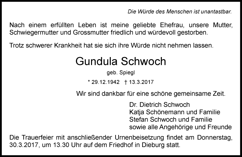  Traueranzeige für Gundula Schwoch vom 25.03.2017 aus Trauerportal Echo Online