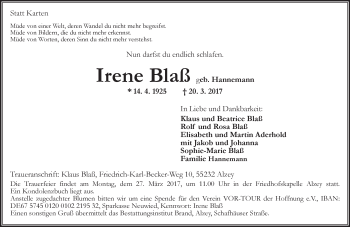 Traueranzeige von Irene Blaß von Trauerportal Rhein Main Presse