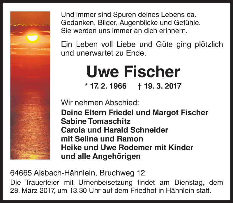  Traueranzeige für Uwe Fischer vom 25.03.2017 aus Trauerportal Echo Online