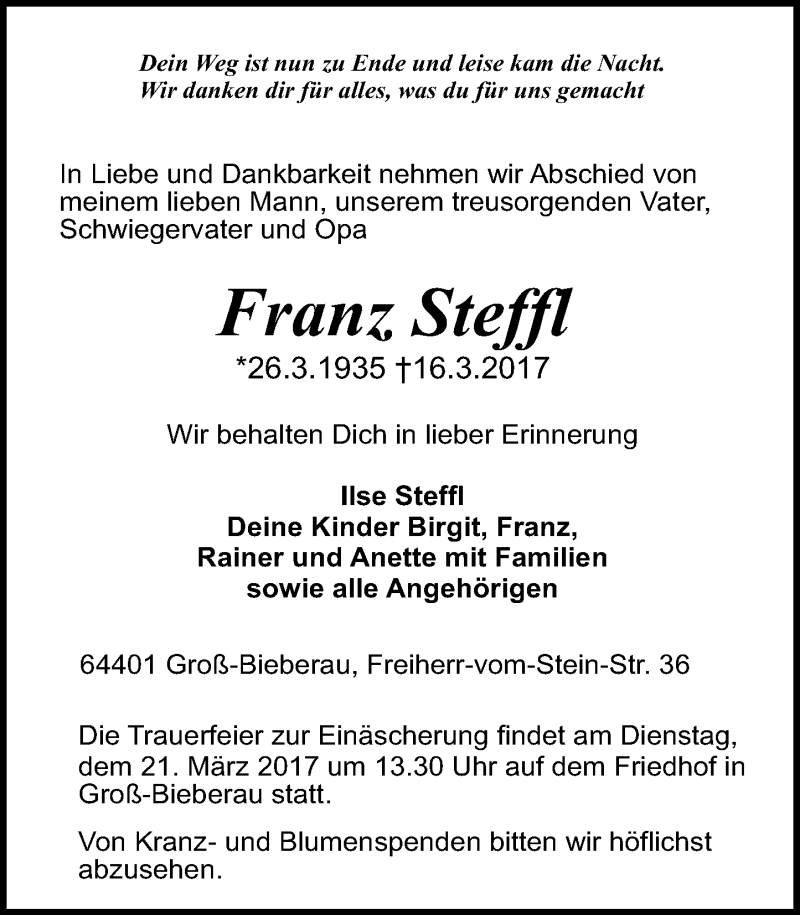  Traueranzeige für Franz Steffl vom 18.03.2017 aus Trauerportal Echo Online