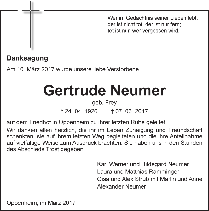  Traueranzeige für Gertrude Neumer vom 25.03.2017 aus Trauerportal Rhein Main Presse