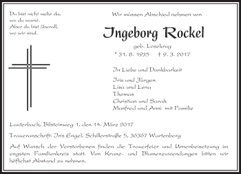 Traueranzeige von Ingeborg Rockel von VRM Trauer