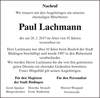 Traueranzeige von Paul Lachmann von  Kreisanzeiger