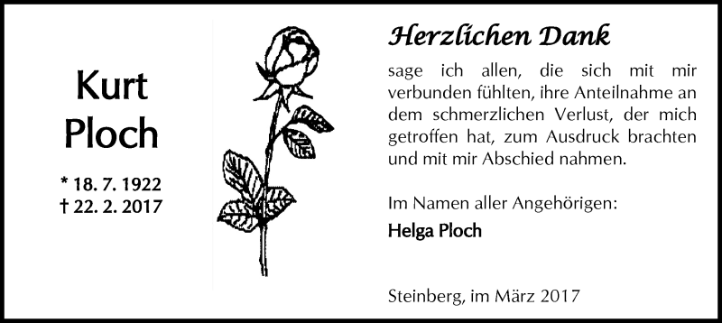  Traueranzeige für Kurt Ploch vom 25.03.2017 aus  Kreisanzeiger