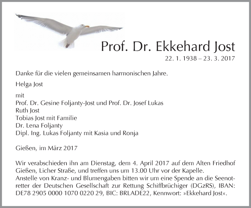  Traueranzeige für Ekkehard Jost vom 31.03.2017 aus  Gießener Anzeiger