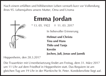 Traueranzeige von Emma Jordan von Trauerportal Echo Online