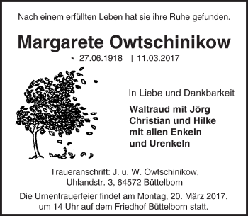 Traueranzeige von Margarete Owtschinikow von Trauerportal Echo Online