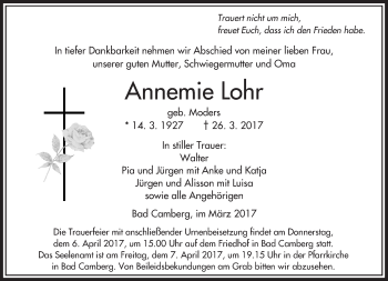 Traueranzeige von Annemie Lohr von  Camberger Anzeiger