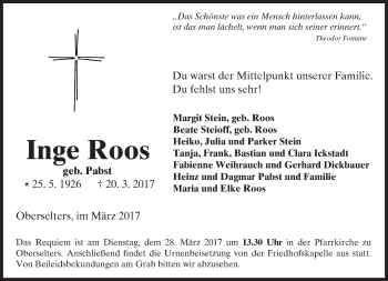 Traueranzeige von Inge Roos von  Camberger Anzeiger
