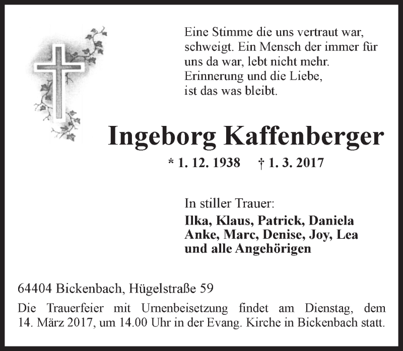  Traueranzeige für Ingeborg Kaffenberger vom 11.03.2017 aus Trauerportal Echo Online