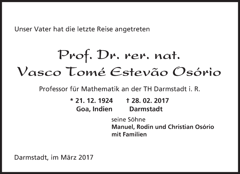  Traueranzeige für Vasco Tomé Estevão Osório vom 04.03.2017 aus Trauerportal Echo Online