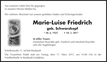 Traueranzeige von Marie-Luise Friedrich von Trauerportal Echo Online