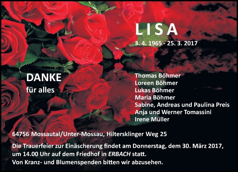  Traueranzeige für Lisa Böhmer vom 28.03.2017 aus Trauerportal Echo Online