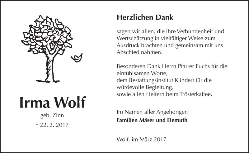  Traueranzeige für Irma Wolf vom 18.03.2017 aus  Kreisanzeiger