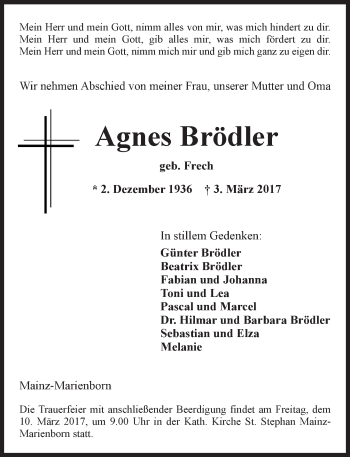 Traueranzeige von Agnes Brödler von Trauerportal Rhein Main Presse