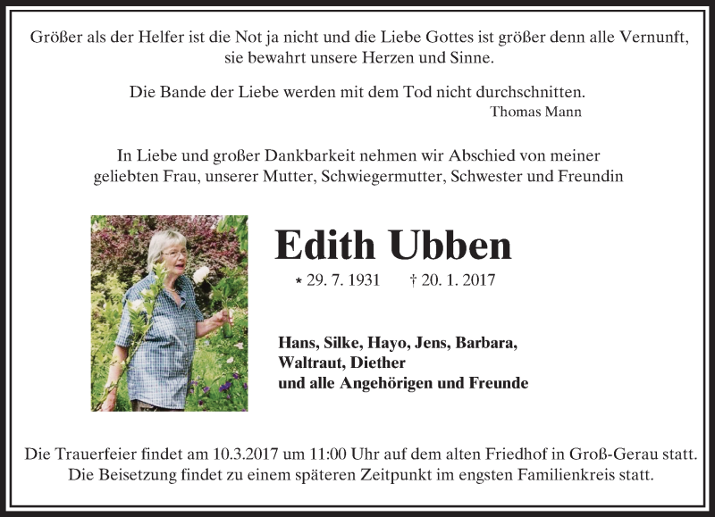 Traueranzeige für Edith Ubben vom 08.03.2017 aus Trauerportal Echo Online