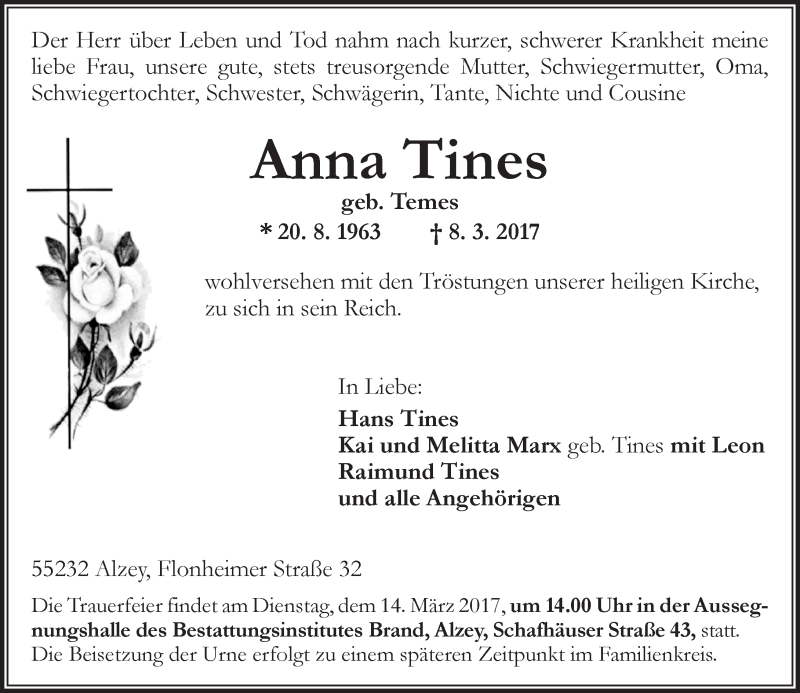  Traueranzeige für Anna Tines vom 09.03.2017 aus Trauerportal Rhein Main Presse
